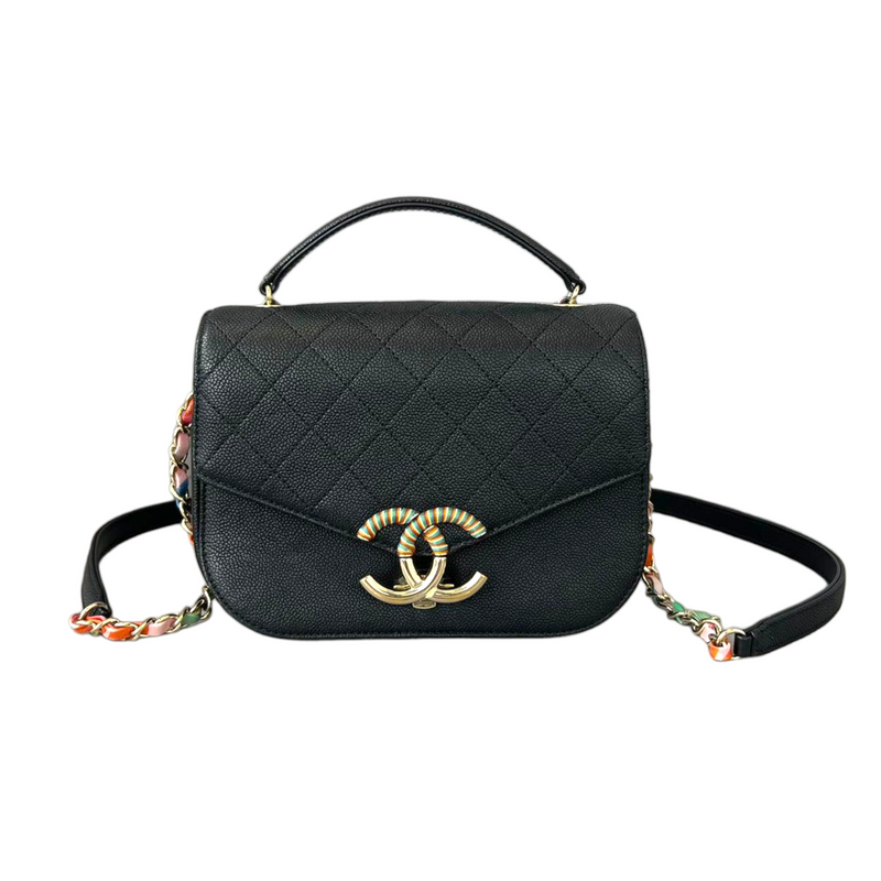 CHANEL Coco Cuba Quilted Grained Calfskin Leather Top Handle Bag Black