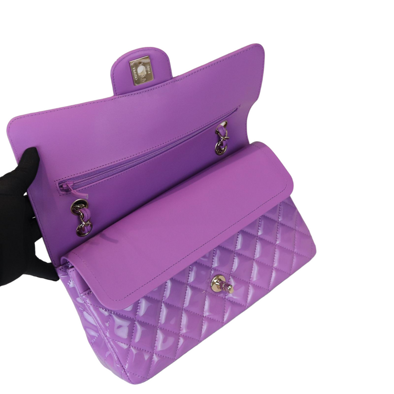 Classic Double Flap Medium Patent Quilted Purple GHW