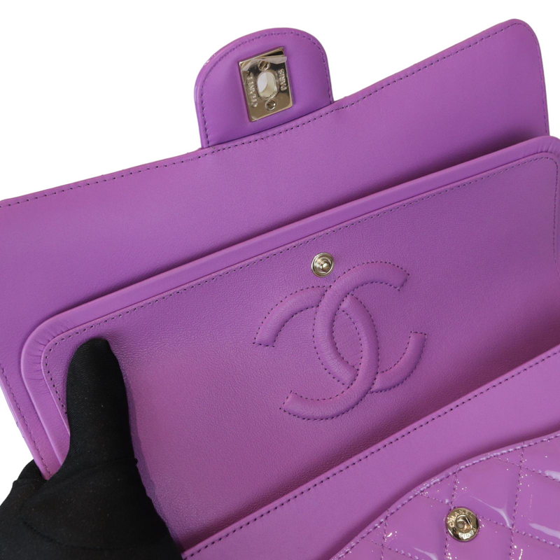 Classic Double Flap Medium Patent Quilted Purple GHW