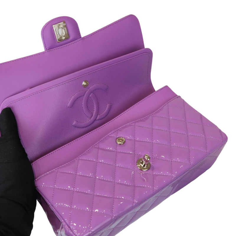 Classic Double Flap Medium Patent Quilted Purple GHW