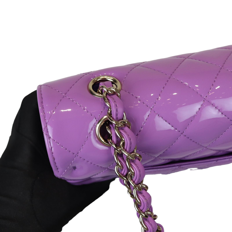 Classic Double Flap Medium Patent Quilted Purple GHW