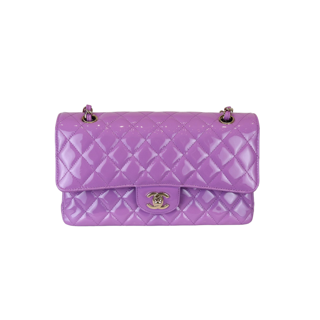 Classic Double Flap Medium Patent Quilted Purple GHW