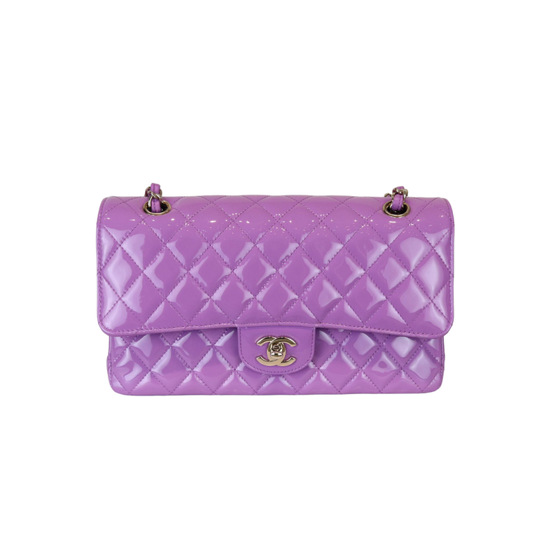 Classic Double Flap Medium Patent Quilted Purple GHW