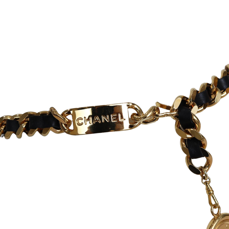 CHANEL belt Chain belt COCO Mark Ribbon leather/Gold Plated Black