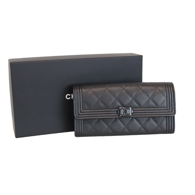 CHANEL COCO MARK Tan Beige Caviar Leather Bifold Long Wallet