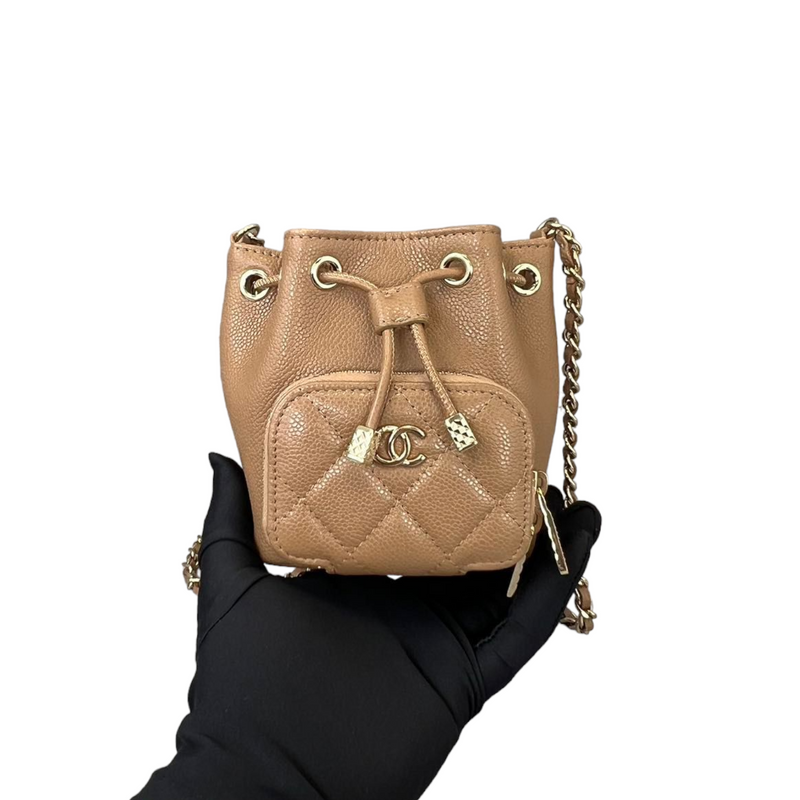 CC Chain Drawstring Bucket Bag Chevron Sheepskin Small