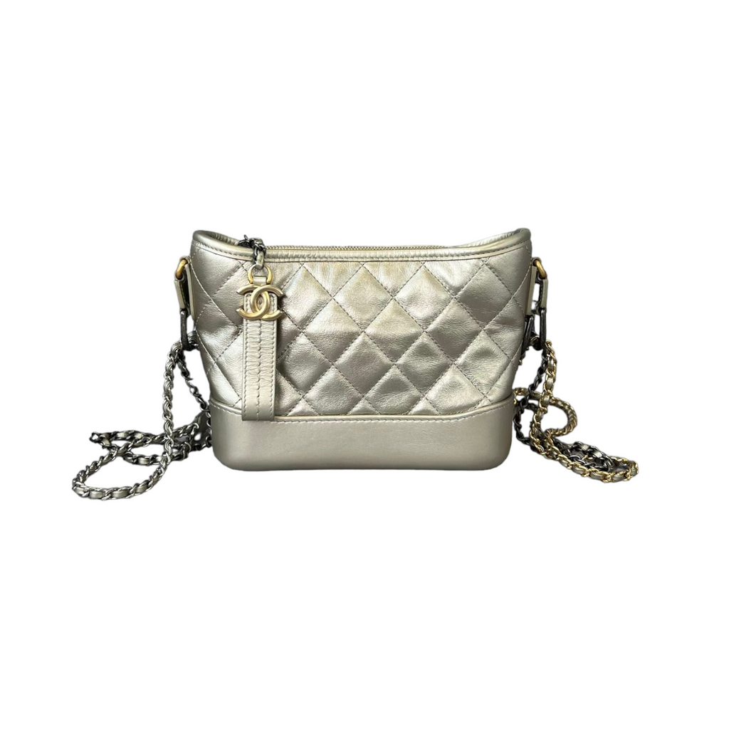 Metallic Pale Aged Calfskin Quilted Small Gabrielle Hobo Gold