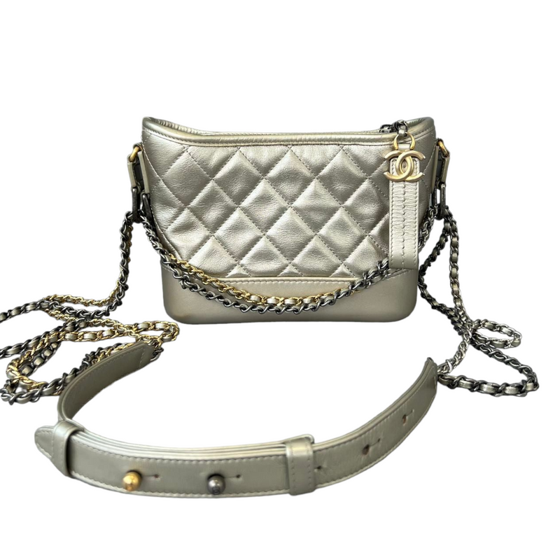 Chanel Gabrielle Hobo Bag Diamond Gabrielle Quilted Aged Medium Metallic  Silver in Calfskin with Gold-tone/Ruthenium - DE