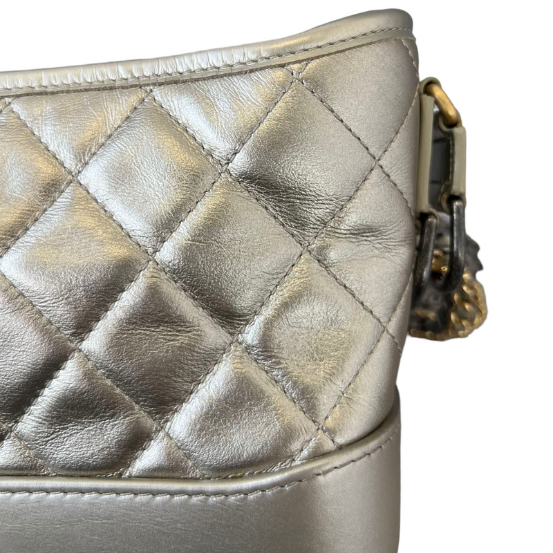 Chanel Gabrielle Medium Hobo Bag Metallic Silver Aged Calfskin Leather