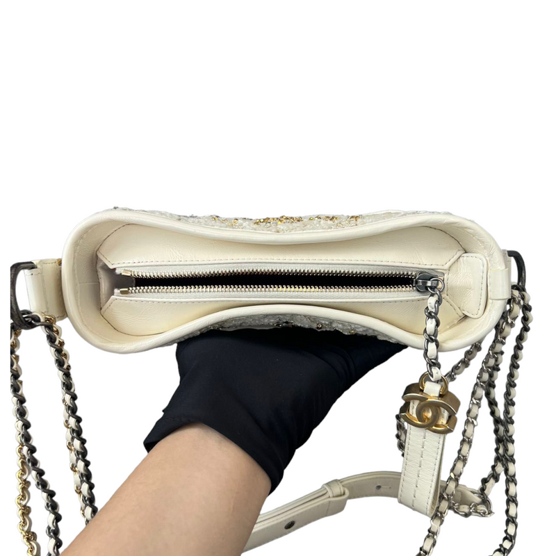 Patent Goatskin Quilted Gabrielle Small Hobo White and Gold