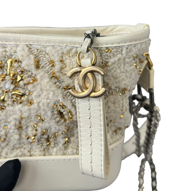 Patent Goatskin Quilted Gabrielle Small Hobo White and Gold