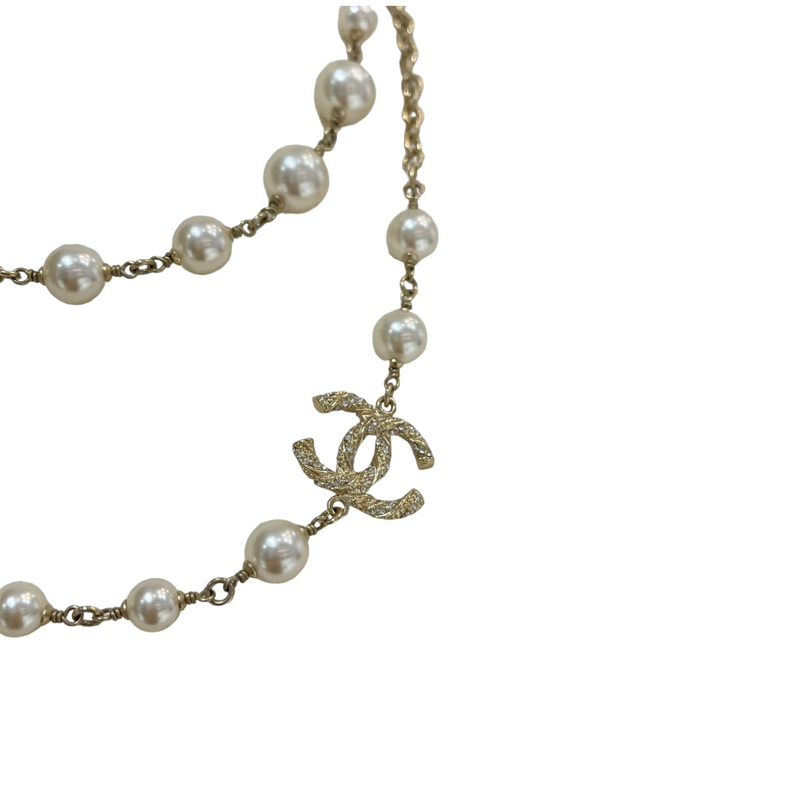 AUTHENTIC Classic Chanel Silver CC Pearl Embellished Necklace Long Multi  Strand | My Site