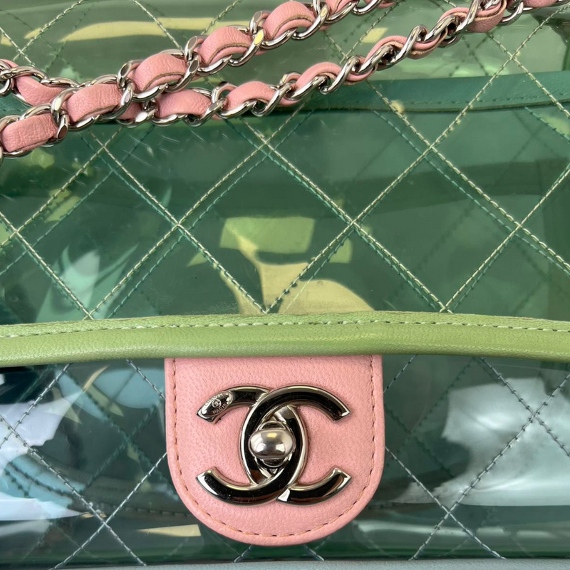 Chanel Flap Bag Transparent PVC/Lambskin Silver-tone Blue/Green