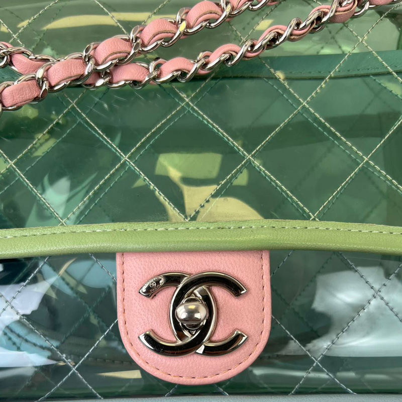 CHANEL Lambskin PVC Quilted Medium Coco Splash Flap Blue Green