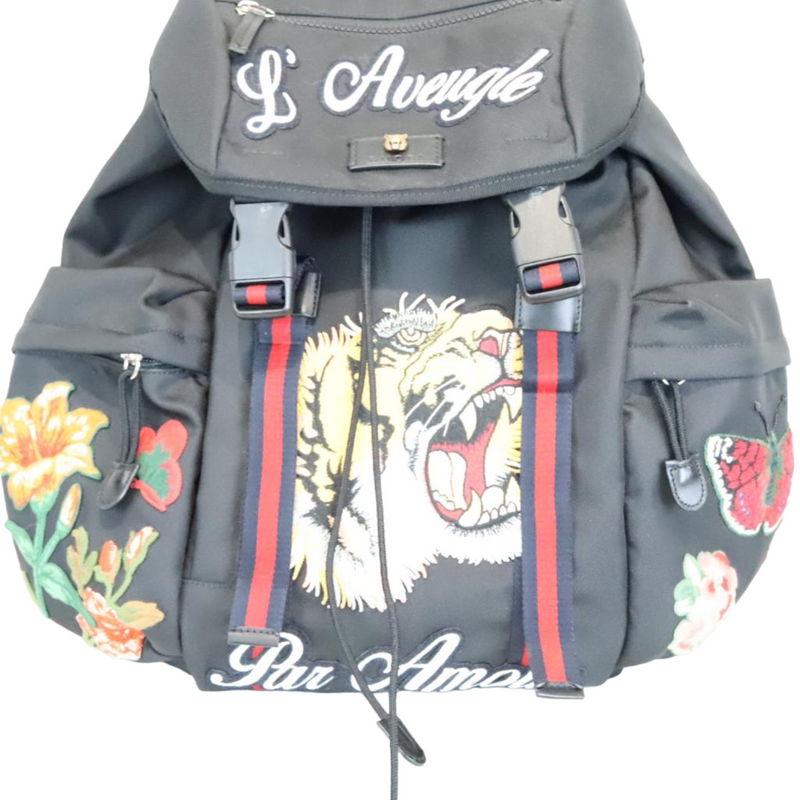 Techno Canvas Embroidered Double Buckle Backpack Black