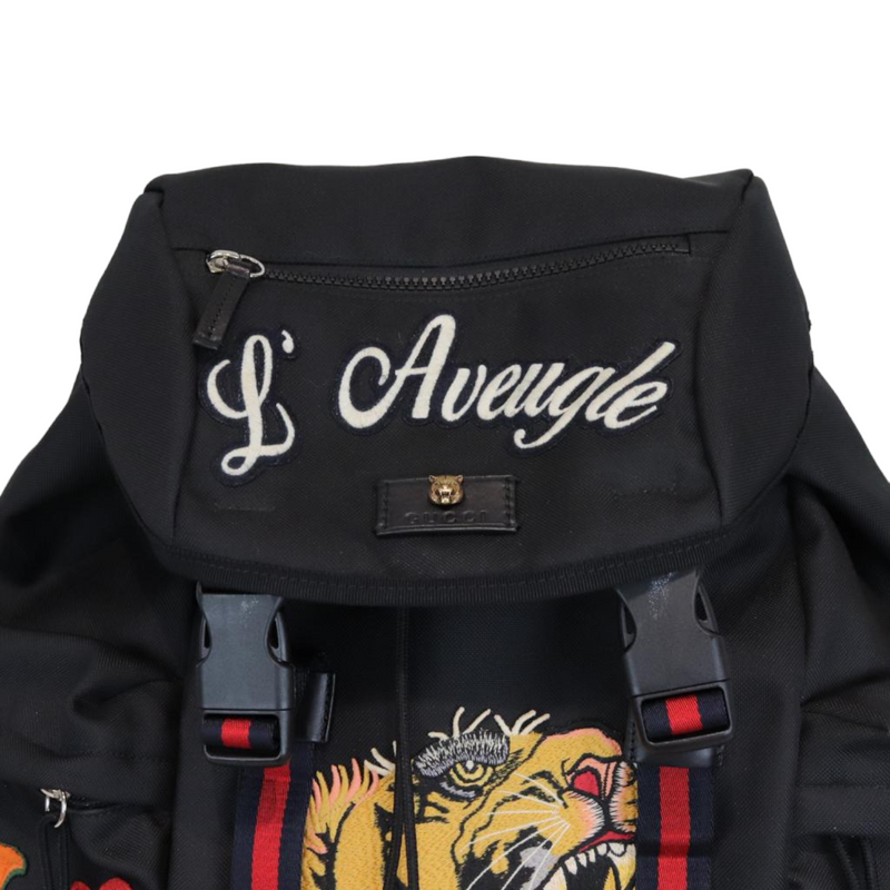 Techno Canvas Embroidered Double Buckle Backpack Black