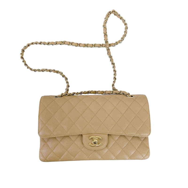 Caviar Quilted Medium Double Flap Beige GHW