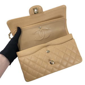 Caviar Quilted Medium Double Flap Beige GHW