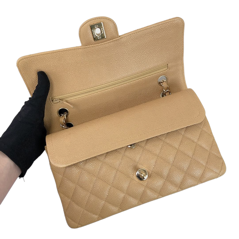 Caviar Quilted Medium Double Flap Beige GHW