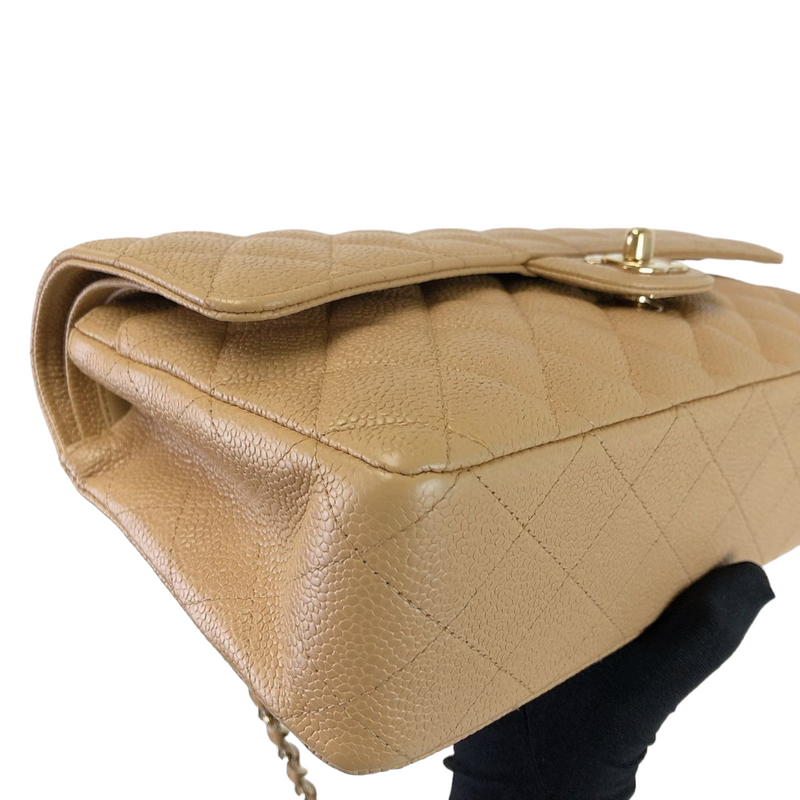 Caviar Quilted Medium Double Flap Beige GHW