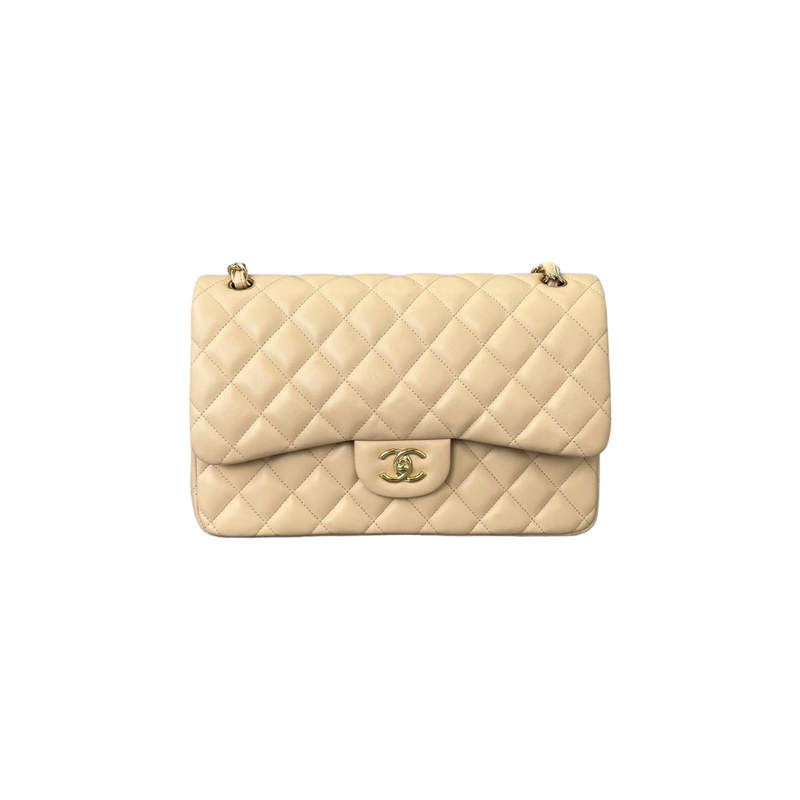 Lambskin Quilted Jumbo Double Flap Beige GHW