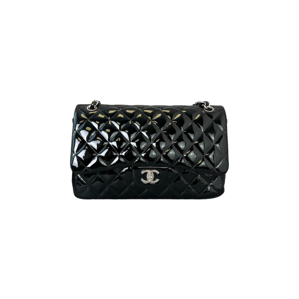 Jumbo Double Flap Black Patent Quilted SHW
