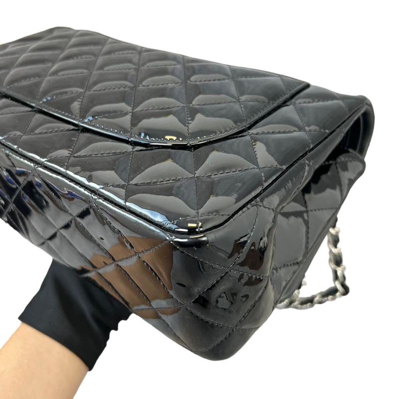 Jumbo Double Flap Black Patent Quilted SHW