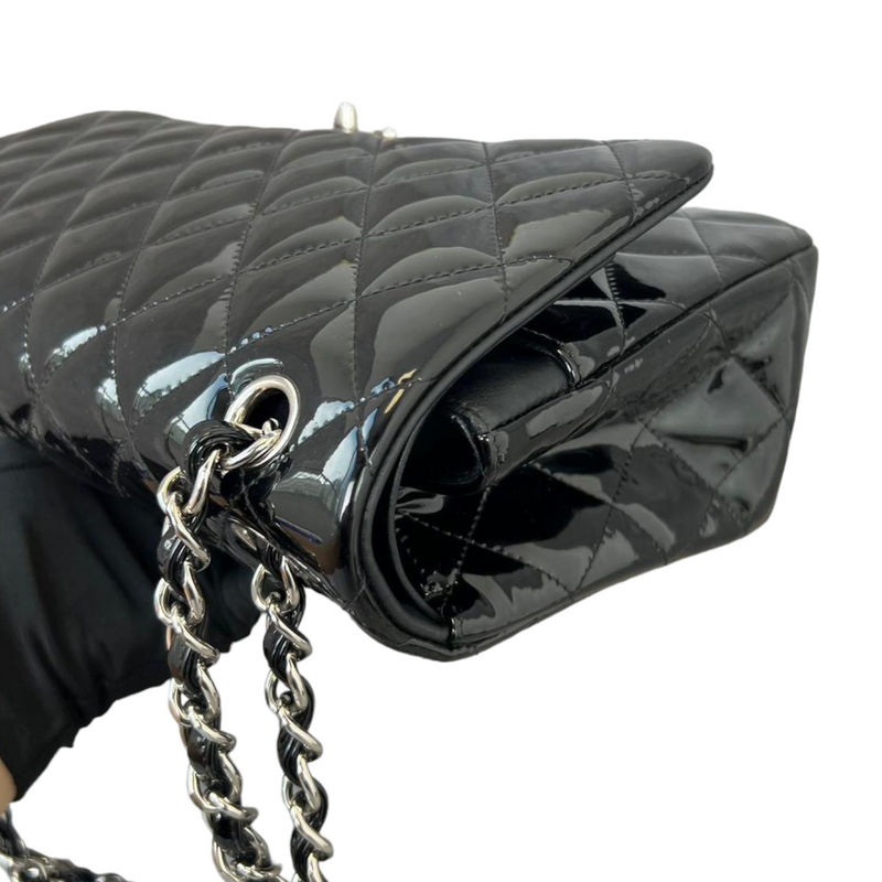 Jumbo Double Flap Black Patent Quilted SHW