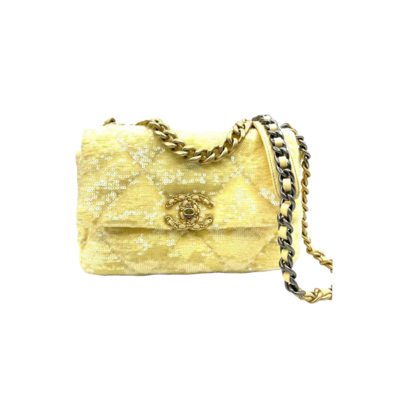 Chanel Sequin Quilted Small Chanel 19 Flap Yellow MHW