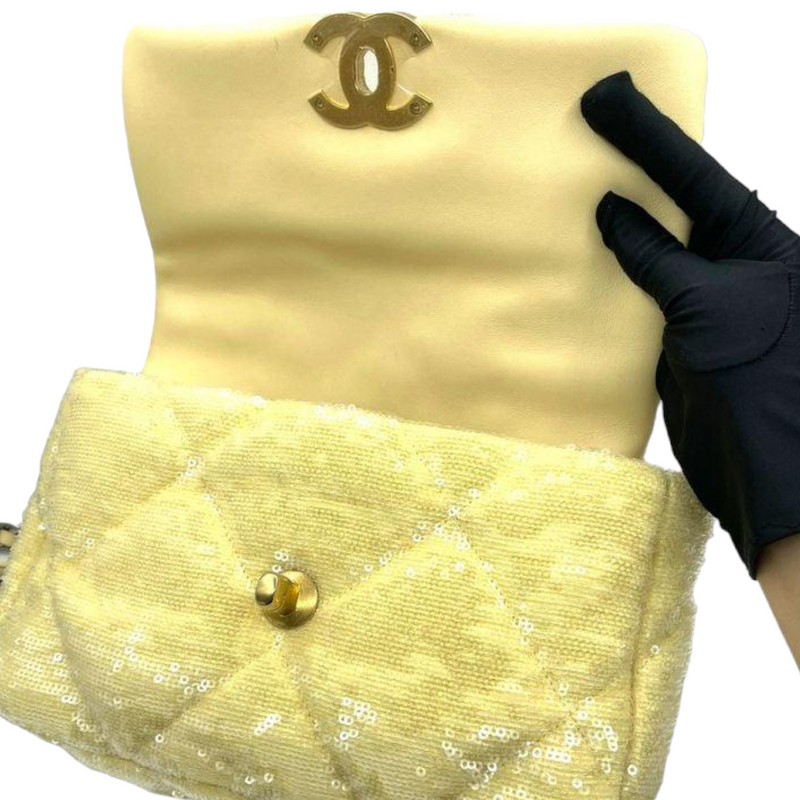 Chanel 19 Flap Bag Quilted Sequins Medium Yellow 95258169