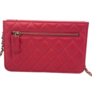 Caviar Quilted Front Pocket Wallet on Chain Pink GHW