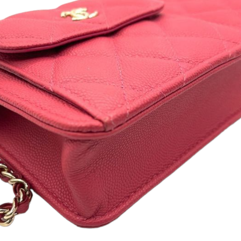 Caviar Quilted Front Pocket Wallet on Chain Pink GHW