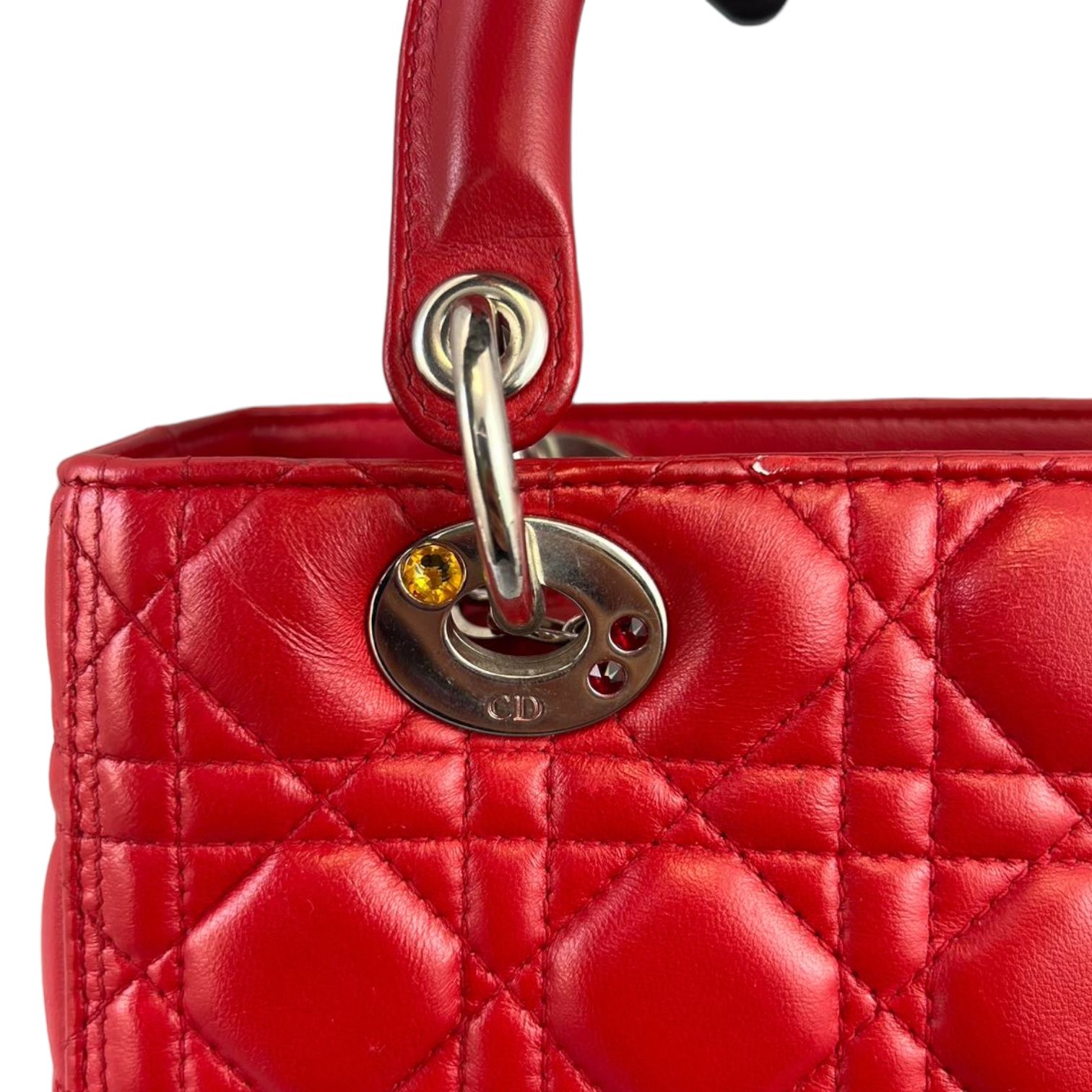 red Dior リボン Pre-Owned Red Cannage Patent Leather Lady Dior Medium