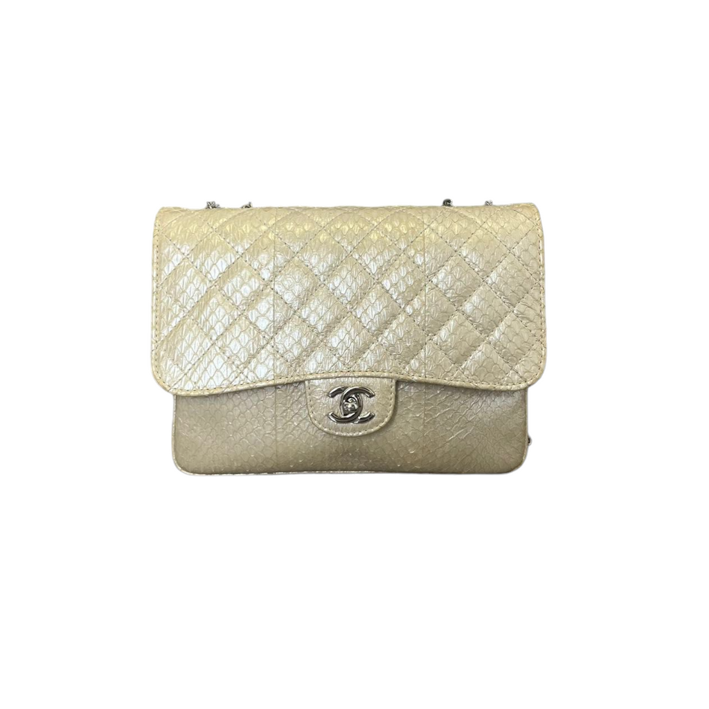 Python Quilted Chanel 3 Accordion Flap Bag Beige SHW