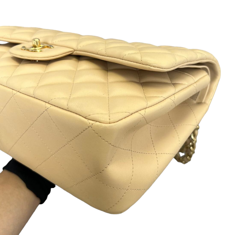 Jumbo Double Flap Beige Lambskin Quilted GHW