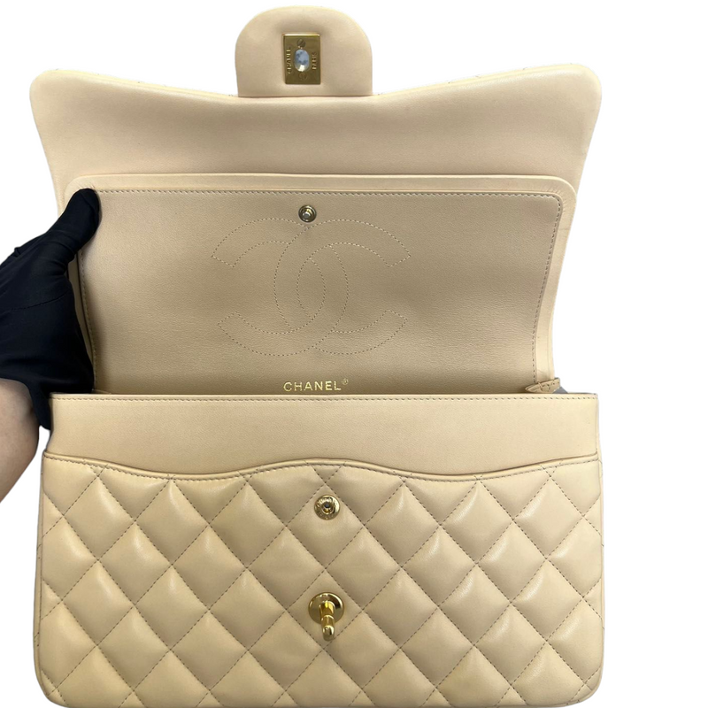 Jumbo Double Flap Beige Lambskin Quilted GHW