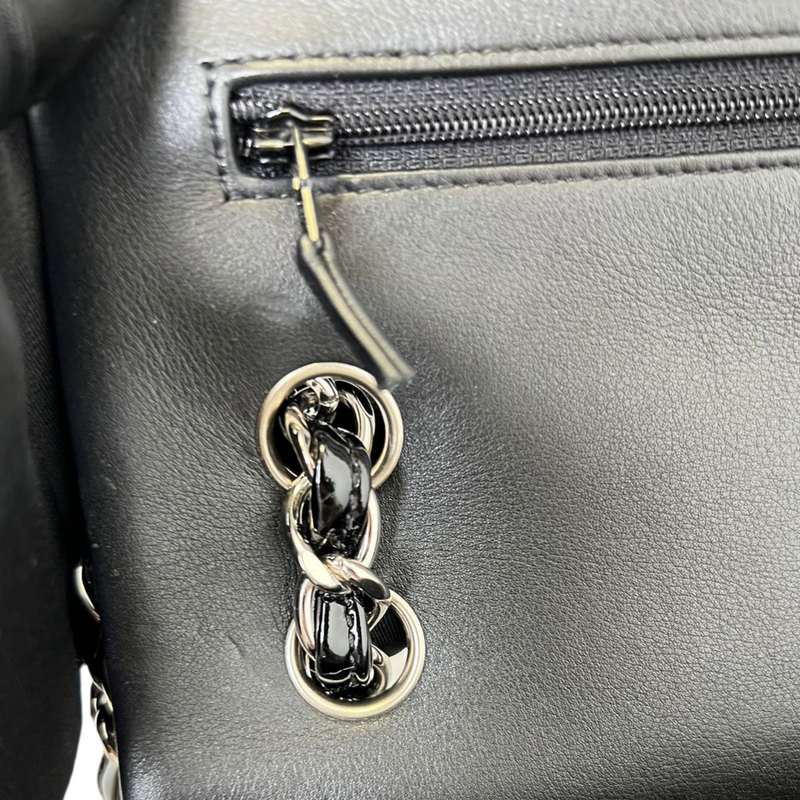 Chanel CC Logo Black Patent Leather Jersey Fabric Silver Zip Shoulder Bag  Purse