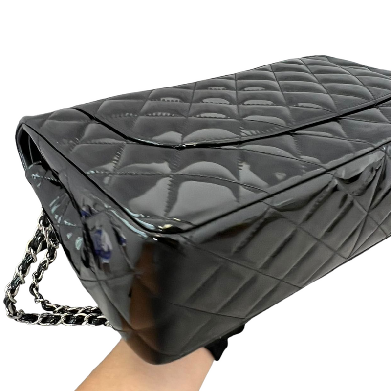 Jumbo Double Flap Black Patent Quilted Shoulder Bag SHW