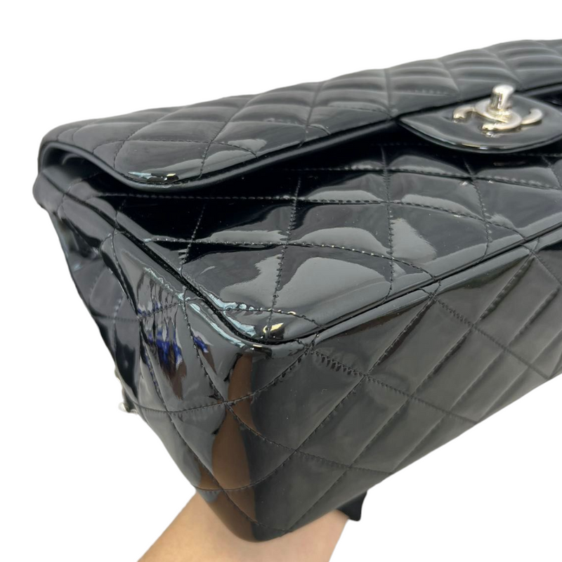 Jumbo Double Flap Black Patent Quilted Shoulder Bag SHW