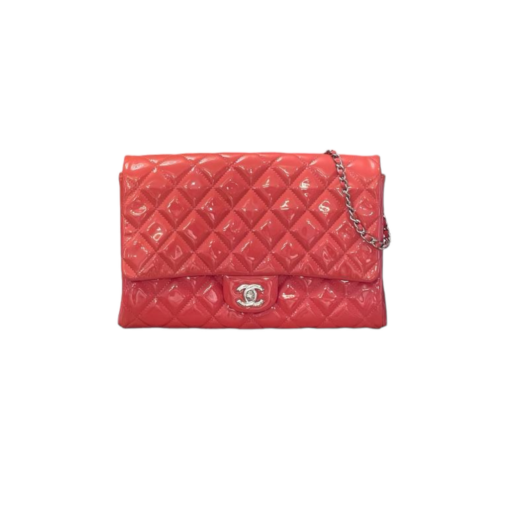 Patent Quilted Clutch with Chain Flap Coral SHW