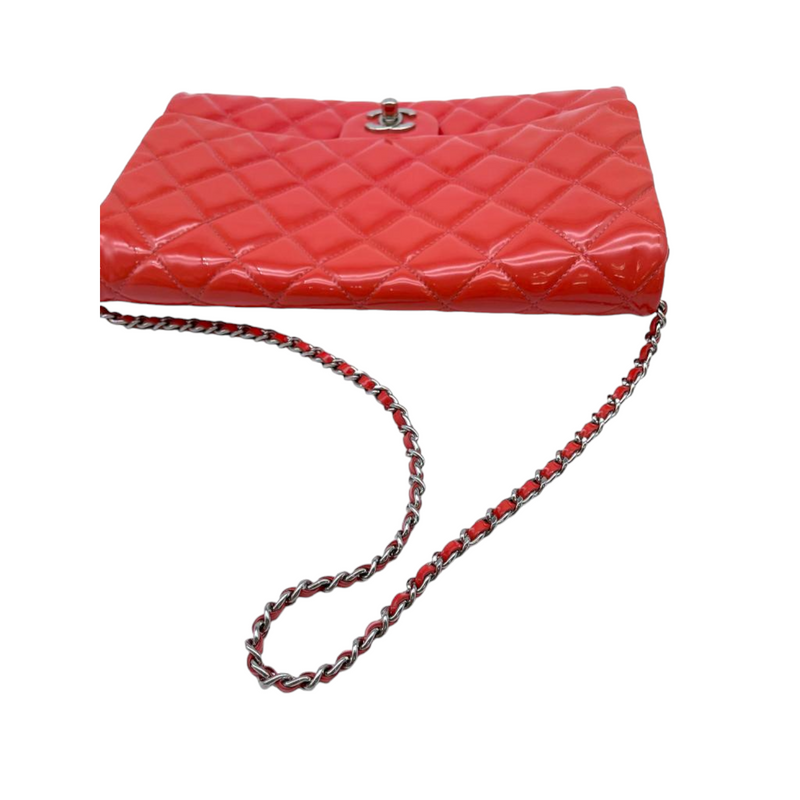 Patent Quilted Clutch with Chain Flap Coral SHW