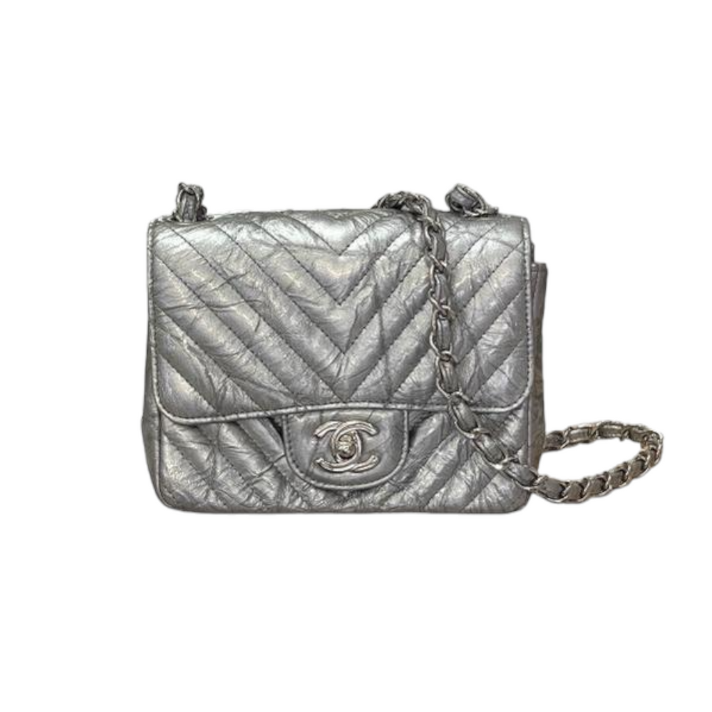 Patent Crumpled Calfskin Chevron Mini Square Flap Silver