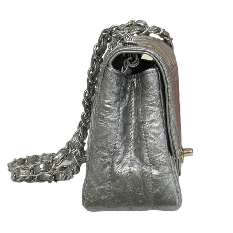 Patent Crumpled Calfskin Chevron Mini Square Flap Silver