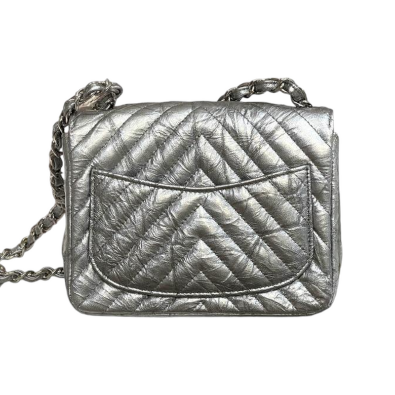 Patent Crumpled Calfskin Chevron Mini Square Flap Silver