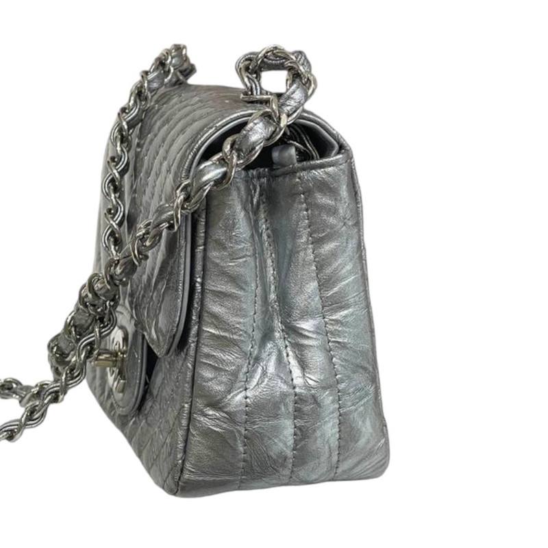 Patent Crumpled Calfskin Chevron Mini Square Flap Silver