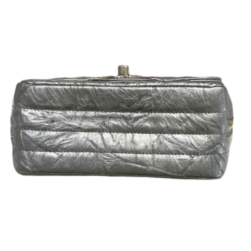 Patent Crumpled Calfskin Chevron Mini Square Flap Silver