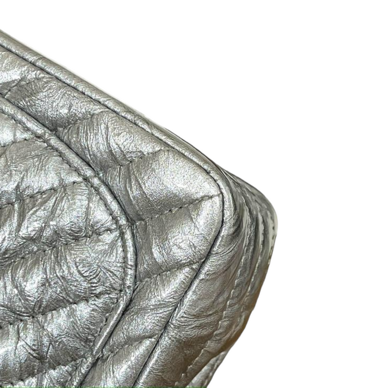Patent Crumpled Calfskin Chevron Mini Square Flap Silver