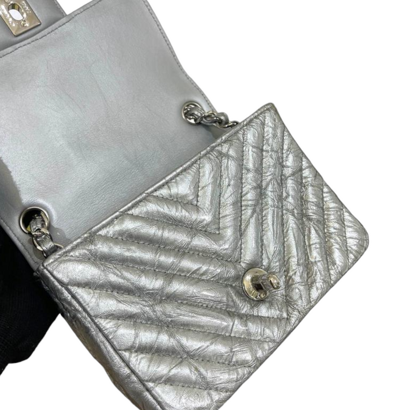 Patent Crumpled Calfskin Chevron Mini Square Flap Silver