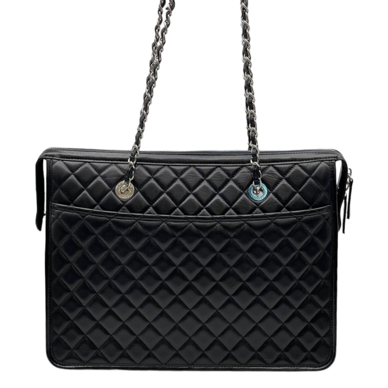 Calfskin Quilted Large Classic Shopping Tote Black SHW