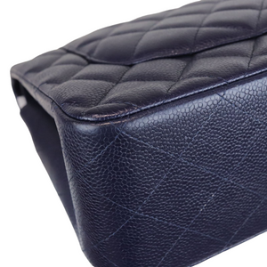 Caviar Quilted Jumbo Double Flap Dark Blue SHW